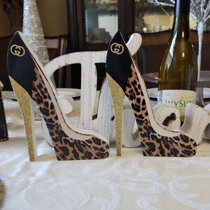 Home Decor Leopard Print Heels with Gold Glitter